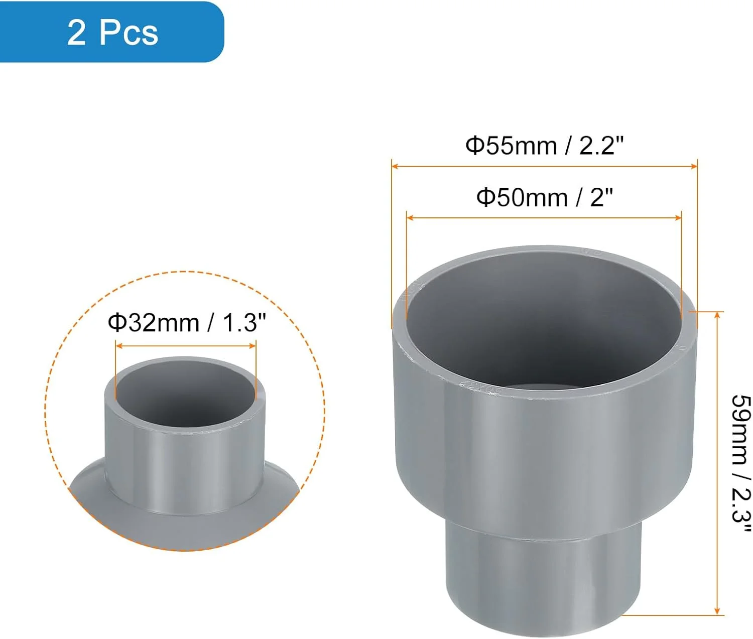 اتصال کاهنده لوله UPVC، سایز 50x32 میلی متر، اتصال دهنده آداپتور کوپلینگ لوله مستقیم PVC برای لوله کشی فاضلاب خانگی، خط آب، خاکستری، 2 عدد