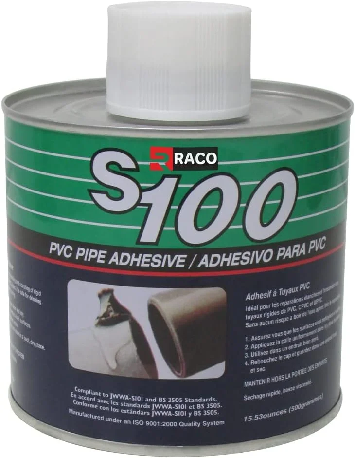 چسب پی وی سی شفاف RACO S100، چسب لوله برای لوله ها و اتصالات PVC، UPVC، CPVC، حجم 500 میلی لیتر