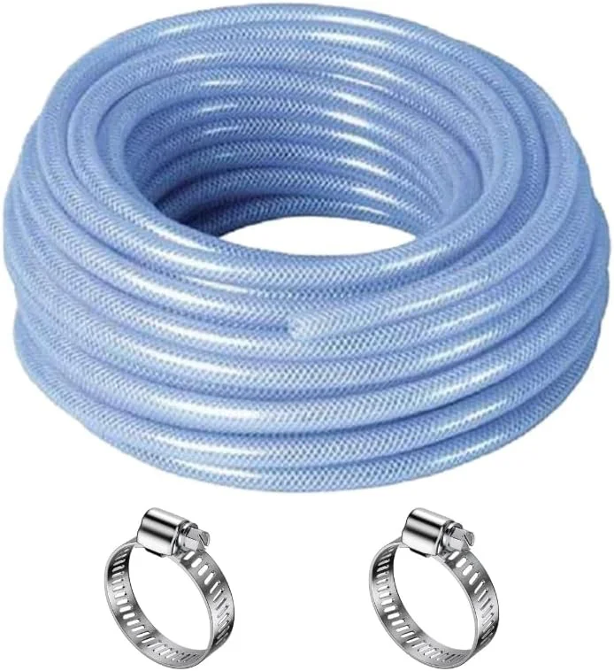 شلنگ شفاف با بست، شلنگ پی وی سی تقویت شده انعطاف پذیر شفاف، لوله چند منظوره شفاف برای آب، هوا، خانه، آکواریوم و مصارف صنعتی شامل 2 عدد بست شلنگ (1 اینچ 5 متر)
