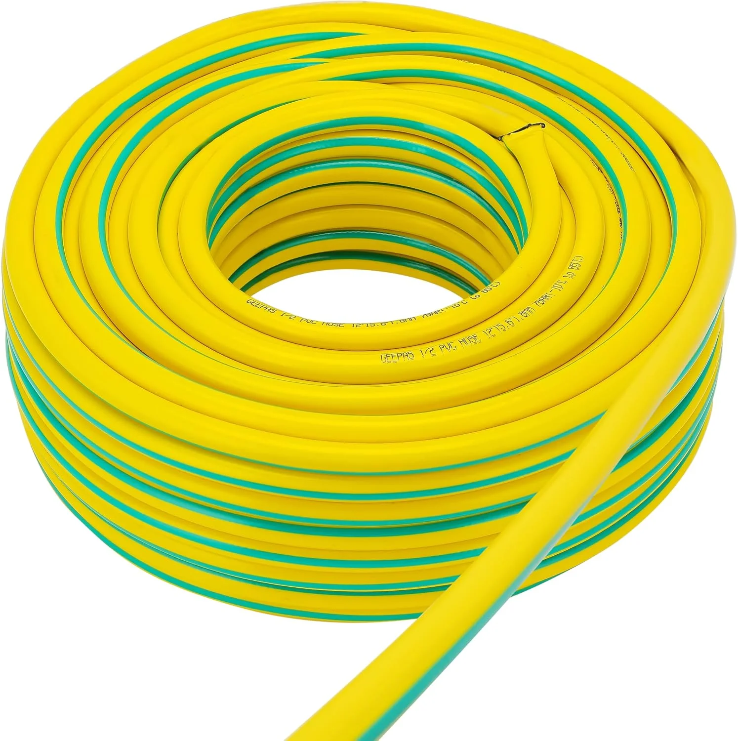 شلنگ پی وی سی 1/2 Geepas مدل GWH61154 | 50 متر، ساختار 3 لایه با انعطاف پذیری بالا | ایده آل برای باغبانی، آبیاری، نظافت و سایر مصارف داخلی و خارجی | زرد و سبز