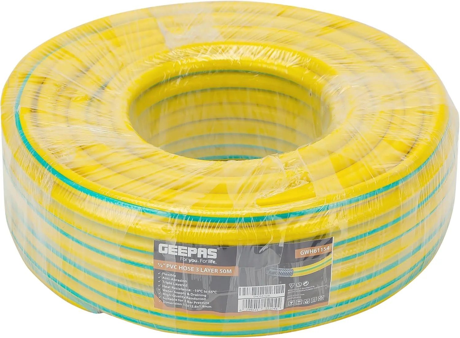 شلنگ پی وی سی 1/2 Geepas مدل GWH61154 | 50 متر، ساختار 3 لایه با انعطاف پذیری بالا | ایده آل برای باغبانی، آبیاری، نظافت و سایر مصارف داخلی و خارجی | زرد و سبز