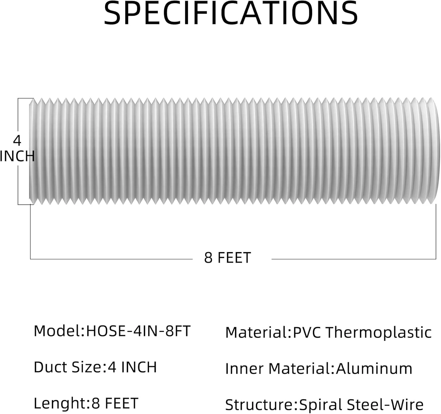 لوله هواکش خشک کن انعطاف پذیر فویل آلومینیومی PVC برای تهویه مطبوع، فیلتر فن، خروجی آشپزخانه، سفید (4 اینچ 8 فوت)