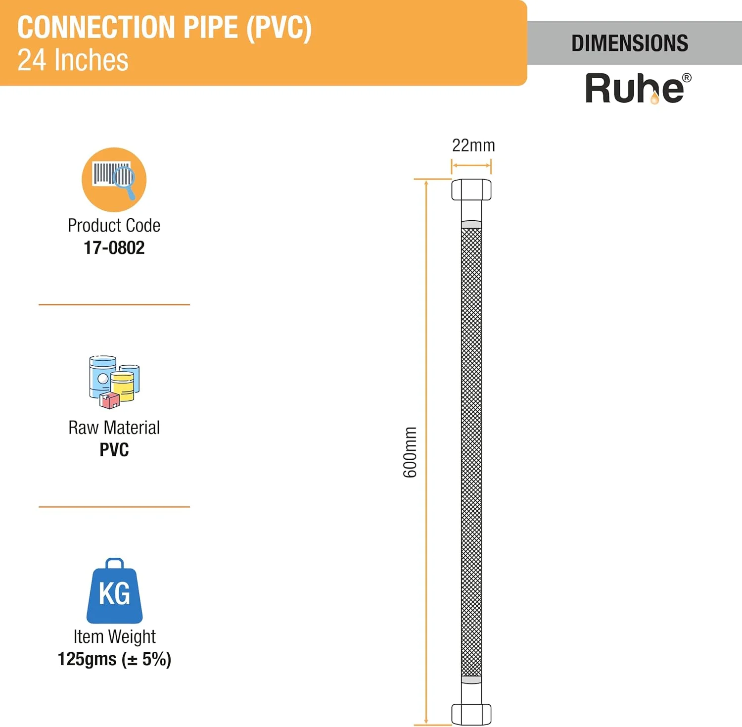لوله اتصال PVC Ruhe® | 60 سانتی متر | لوله اتصال PVC سنگین مناسب برای آبگرمکن، شیرآلات رومیزی/شیرهای آب | مجموعه 2 عددی