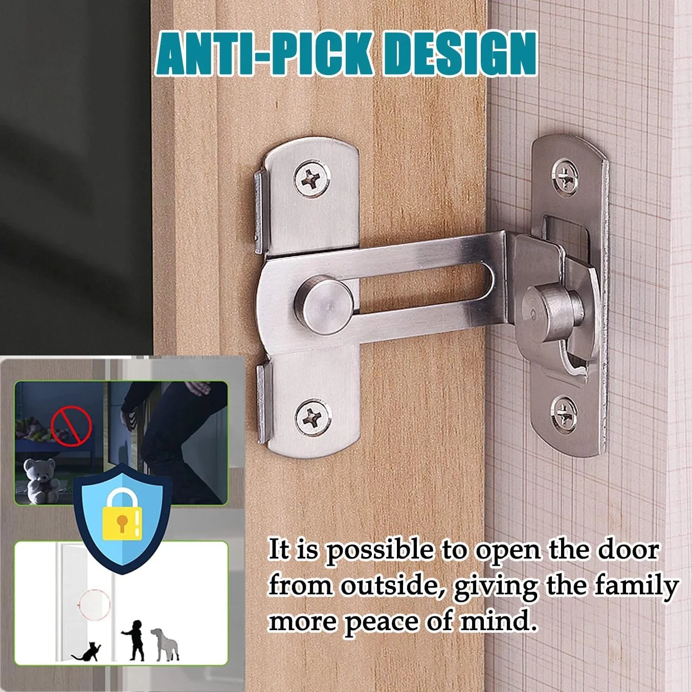 قفل کشویی چرخشی زی‌یویا، قفل ضامن درب استیل ضد زنگ، قفل درب توری، قفل قلاب چشمی برای درب کشویی پنجره گاراژ حمام باغ، مشکی (نقره‌ای 90 درجه 4 اینچ)