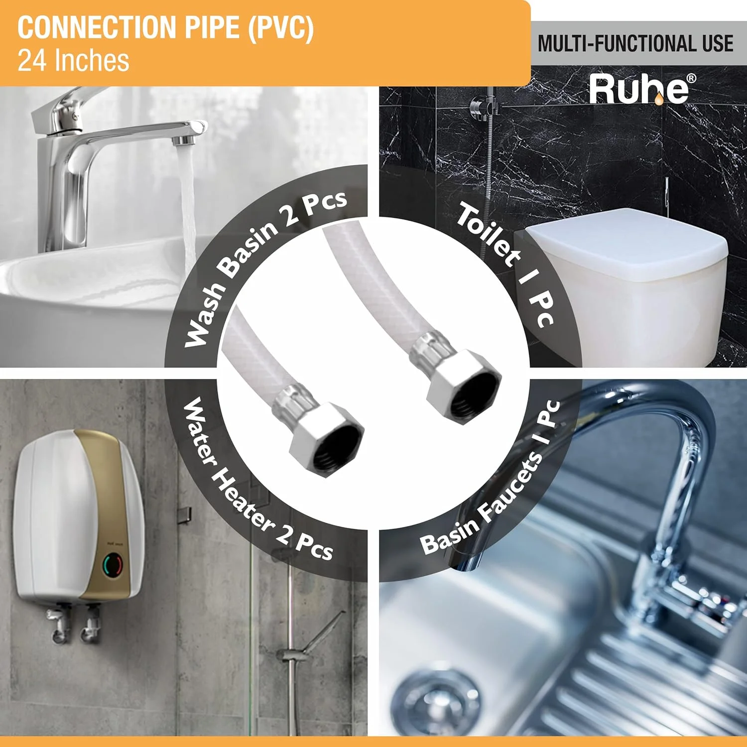 لوله اتصال PVC Ruhe® | 60 سانتی متر | لوله اتصال PVC سنگین مناسب برای آبگرمکن، شیرآلات رومیزی/شیرهای آب | مجموعه 2 عددی