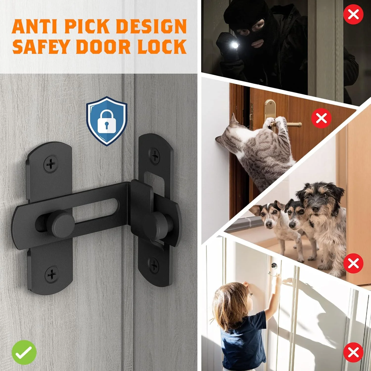 قفل درب انبار کشویی 90 درجه YogePote، بسته 2 عددی، قفل درب استیل ضد زنگ مشکی مات، قفل درب ایمنی برای درب انبار، درب حیوانات خانگی، حمام، کمد کابینت، پنجره، قفل درب کشویی