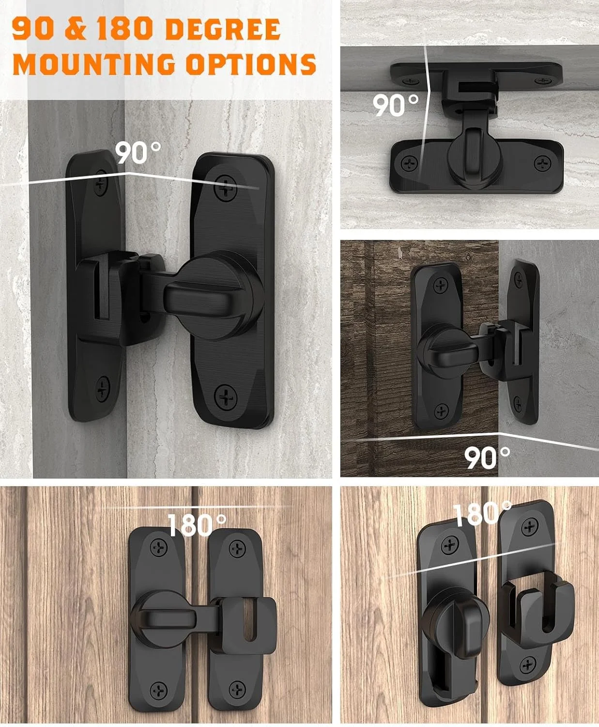 قفل درب انبار 90/180 درجه YogePote، سخت افزار قفل درب کوچک، قفل کشویی درب برای کابینت ها، درب انبار، حمام، درب های باغ (مشکی - 2 عدد)