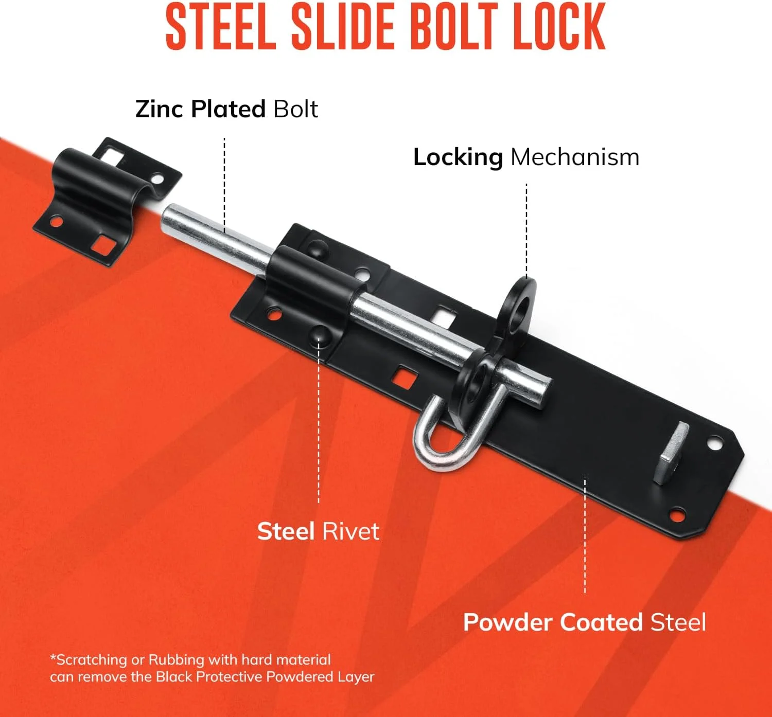 قفل کشویی زاویا برنتون برای امنیت درب اتاق خواب و پاسیو - 4 اینچ (100 میلی متر) قفل درب گالوانیزه با روکش روی سنگین برای درب های چوبی باغ (مشکی)