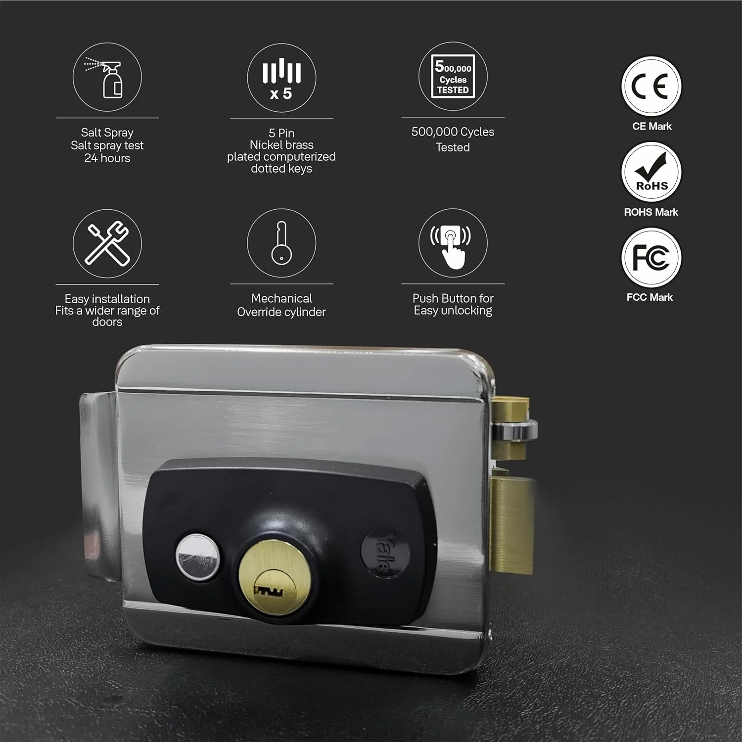 قفل ریم برقی Yale Yel-200Sn | برای درب های 30 تا 85 میلی متر ضخامت | زبانه غلطکی با پیچ برگشت پذیر | برای هر نوع درب (چپ/راست/داخل/خارج) | حالت شب و حالت آزاد اضافی، جنس نیکل ساتن - نقره ای