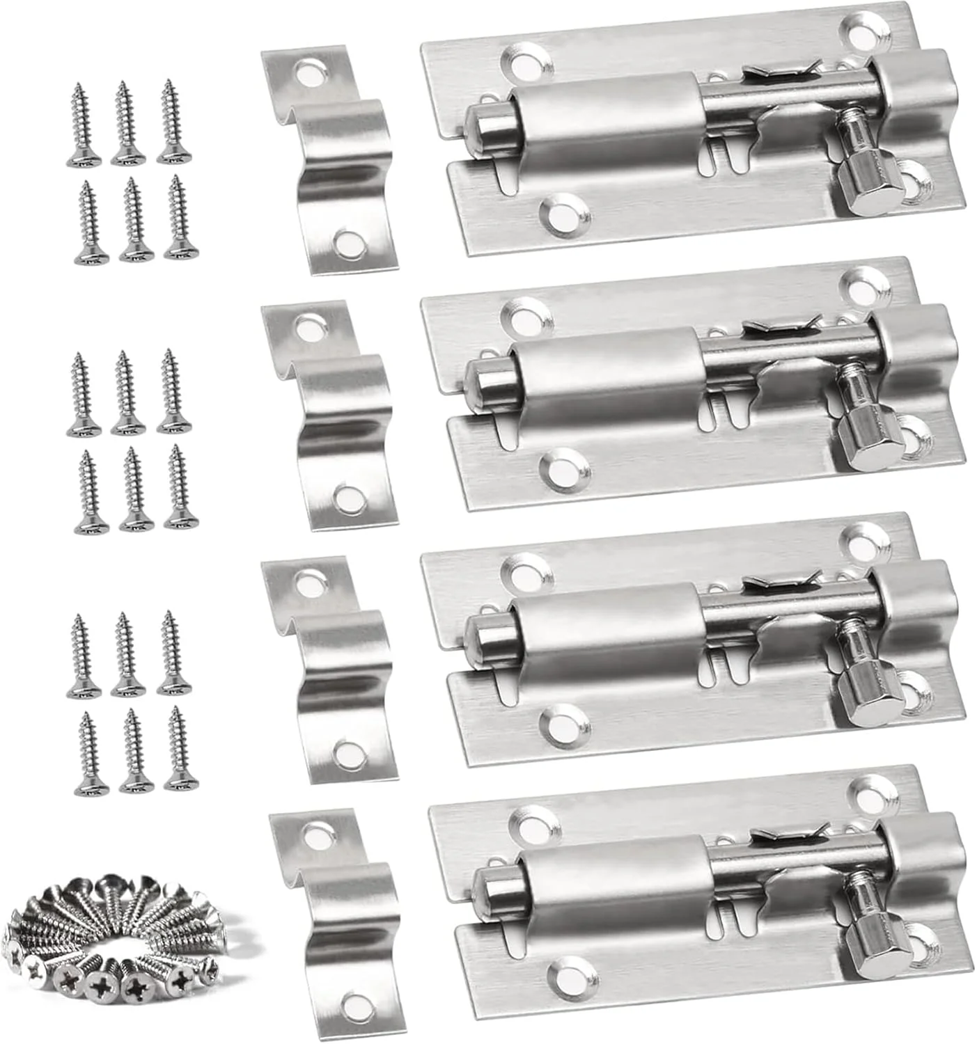 قفل زبانه ای کشویی درب YEPREM AMZSTRU، بسته 4 عددی قفل کشویی زبانه ای درب از جنس استیل ضد زنگ 304 به همراه پیچ، مناسب برای حمام، اتاق خواب، سوله، باغ، توالت، 3 اینچ (نقره ای)