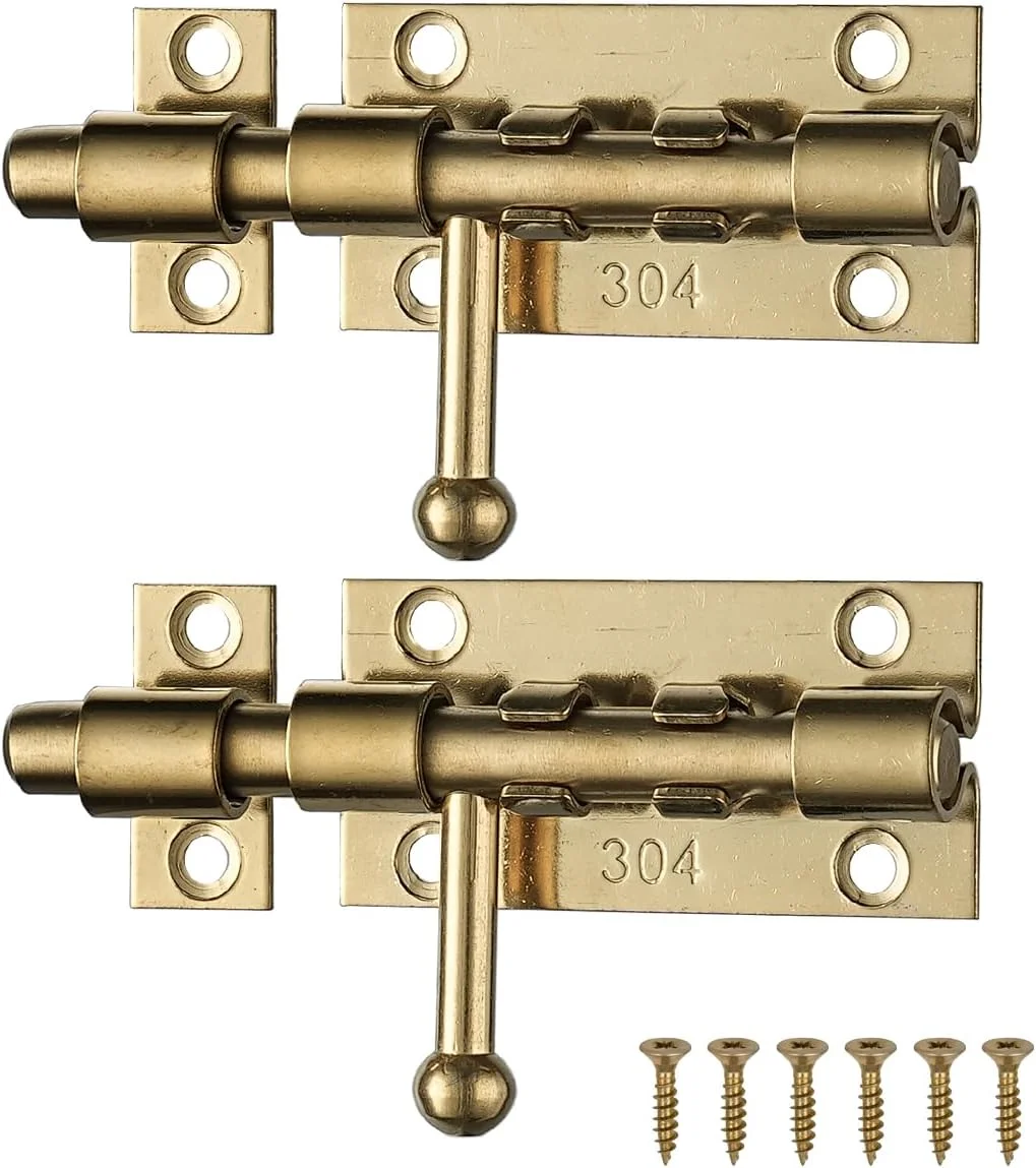 قفل زبانه ای XQDWX با سوراخ قفل آویز، قفل درب کشویی استیل ضد زنگ 304 ضخیم شده، 4 اینچ طلایی، 2 عددی، 224BB-GO-2