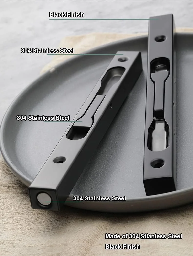 وی-کورم (بسته 2 عددی) قفل زبانه درب ایمنی استیل 304، 15 سانتی‌متری، قفل اهرمی درب دوبل، قفل زبانه کشویی درب فرانسوی، رنگ مشکی