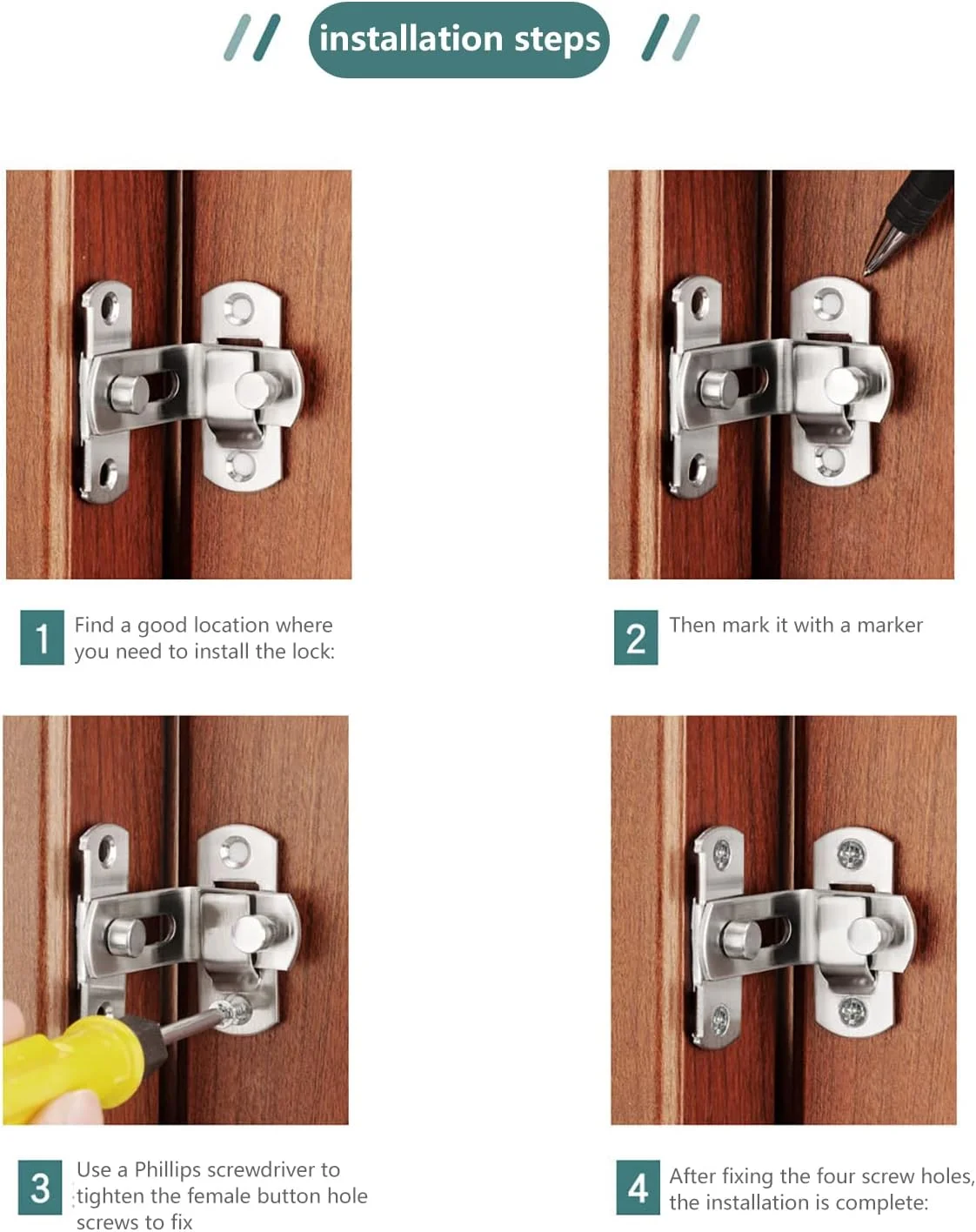 قفل کشویی درب 90 درجه مشکی، قفل کشویی درب با سگک طرح قدیمی برای قفل کردن پنجره ها، درب کابینت، به همراه بست های فلزی، بسته 2 عددی، نقره ای 90 درجه