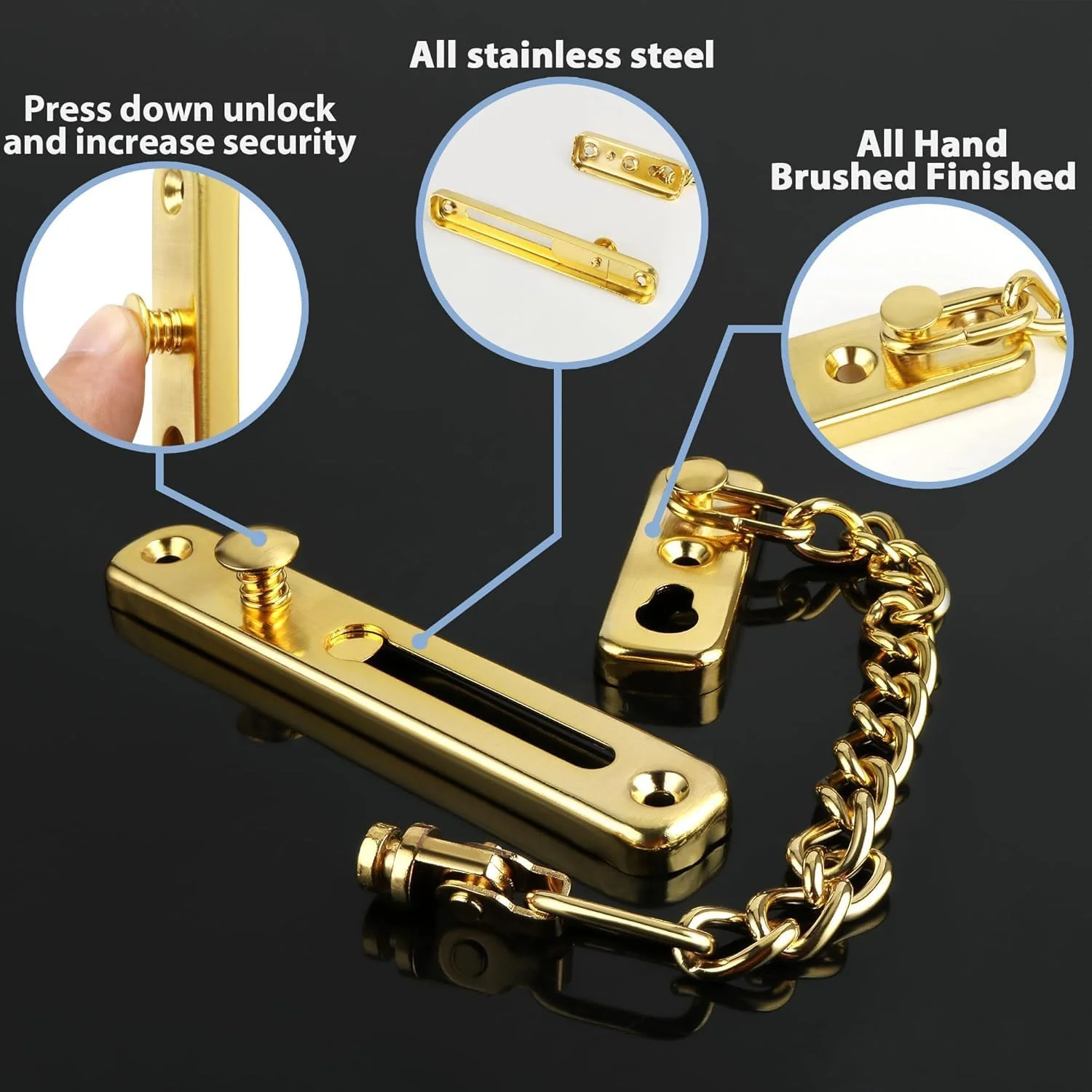 قفل زنجیری درب Tufexigo Alise، قفل زنجیری درب با فنر ایمنی ضد سرقت، قفل زنجیری برای داخل درب و قفل اضافی درب ورودی، روکش طلایی (1 عدد)