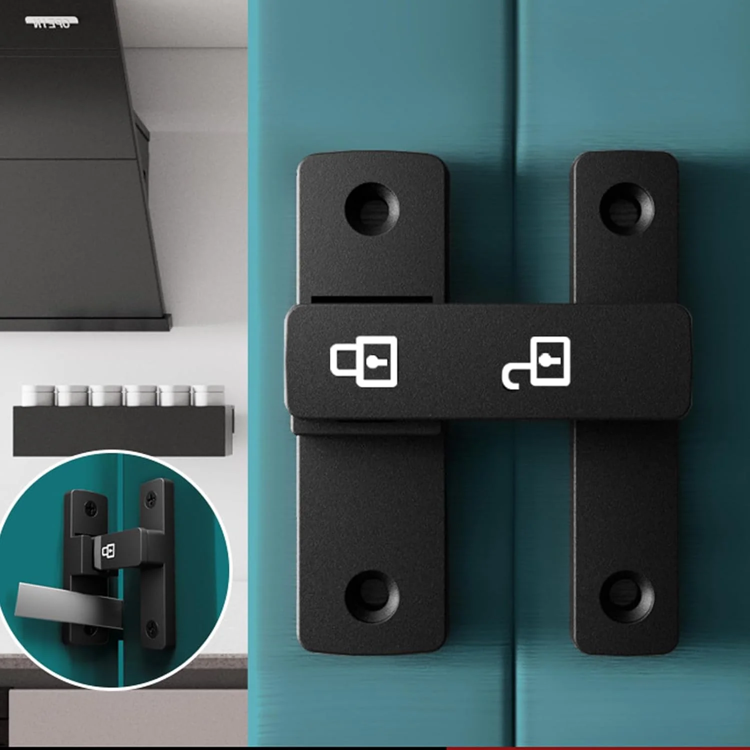 قفل زبانه چرخشی سنگین تزویق، قفل درب کشویی/چرخشی 90/180 درجه، نصب آسان، آلیاژ روی بدون کلید، مشکی مات، ایده آل برای درب های کشویی، حمام، کابینت آشپزخانه، ایمنی حیوانات خانگی