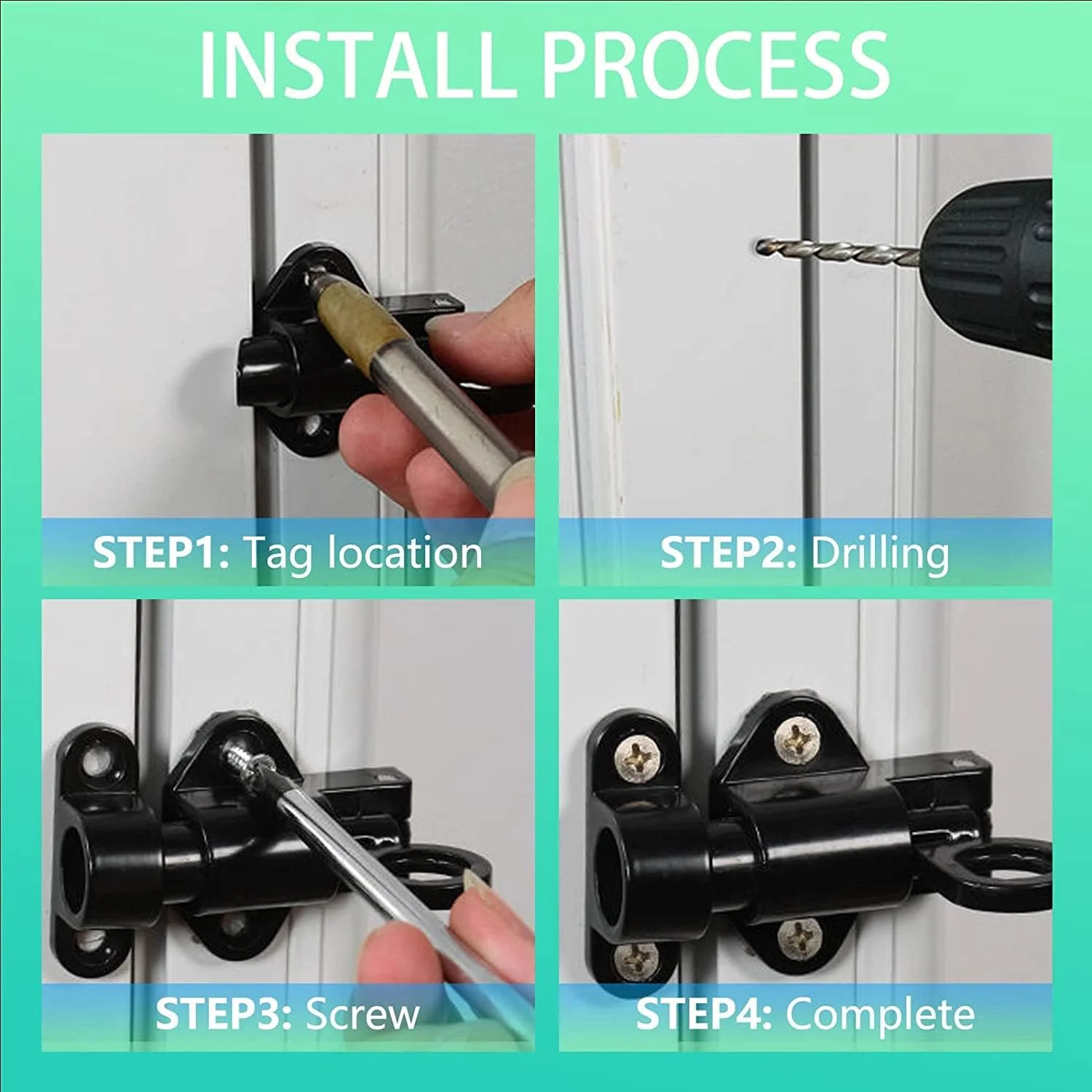 قفل درب فنری خودکار SYOSI، قفل درب، قفل امنیتی، قفل دروازه پنجره اتوماتیک، قفل فنری، قفل درب فنری با حلقه کششی آلیاژ آلومینیوم با پیچ، 4 عدد