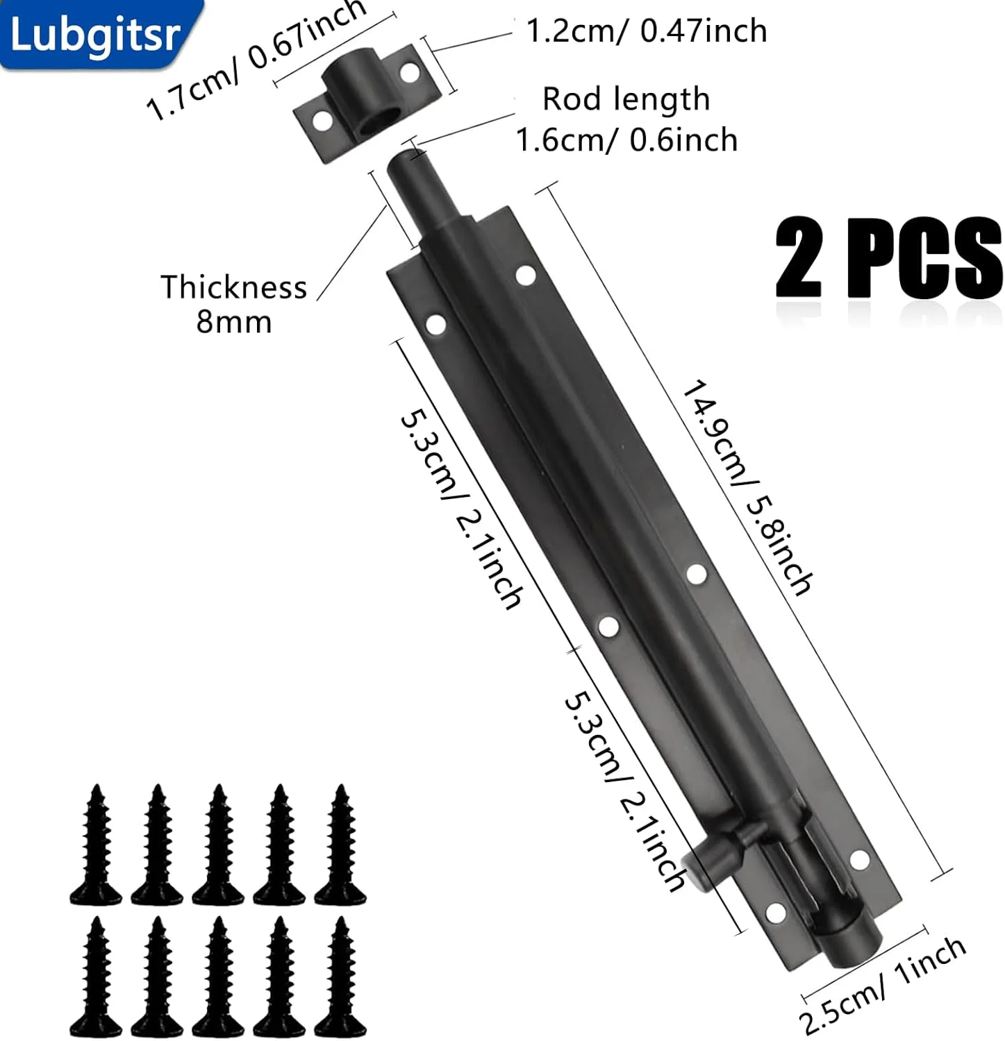 دو عدد قفل زبانه درب، قفل درب انباری، قفل زبانه مشکی سنگین، زبانه مات استیل ضد زنگ قوی با پیچ برای حمام، توالت، انباری، دوش (164 میلی متر/6 اینچ)