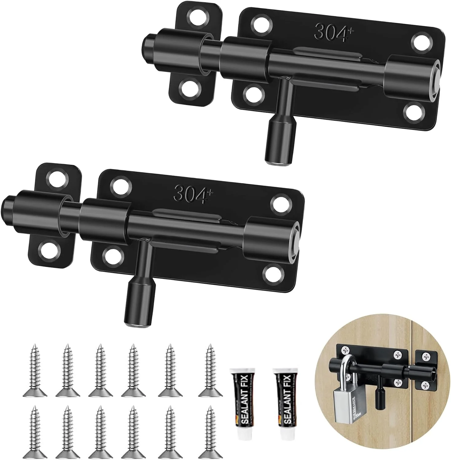 قفل زبانه ای درب استیل ضد زنگ، بسته 2 عددی، قفل کشویی با 12 پیچ، قفل درب، قفل کشویی برای خانه، حیاط، درب باغ، حصار، انبار، پنجره، اتاق خواب