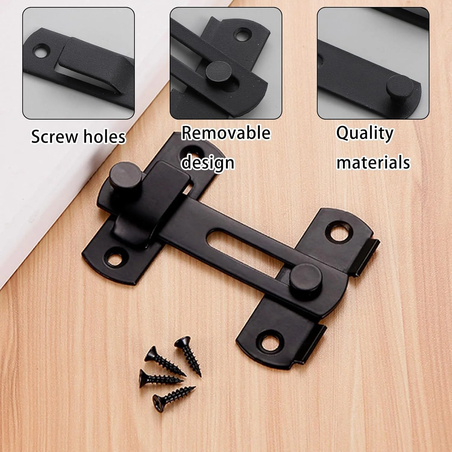 قفل درب ضخیم تر، قفل درب استیل ضد زنگ، قفل درب مشکی، زبانه با پیچ، زبانه کشویی برگشت پذیر، برای گاراژها، باغ ها، حمام ها، پنجره ها، کابینت ها، انبارها (2 عدد)