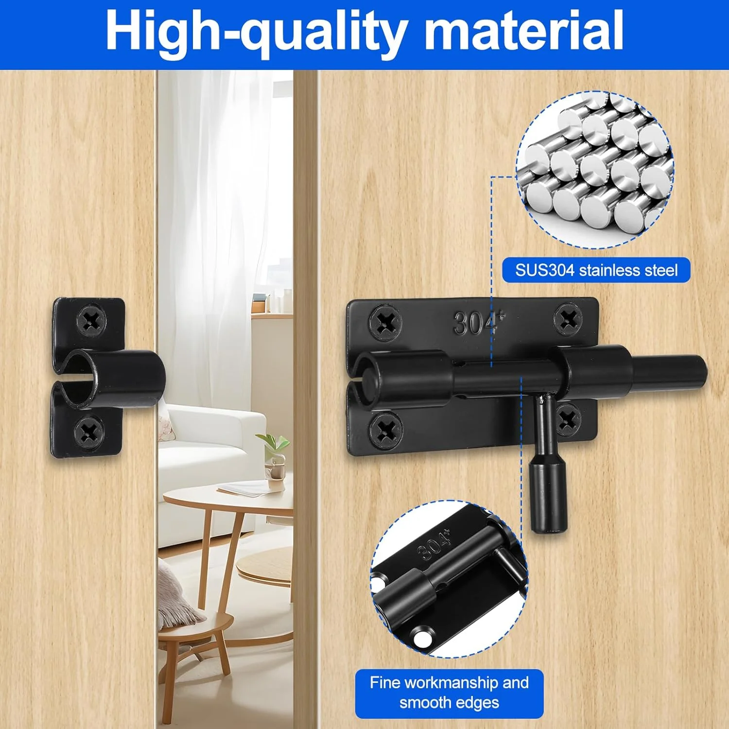 قفل زبانه ای کشویی استیل 304، قفل درب دو طرفه مشکی 3 اینچی برای درب های داخلی، سرویس بهداشتی، انبار، حصار، گاراژ، اتاق حیوانات خانگی، قفل امنیتی سنگین با سوراخ قفل