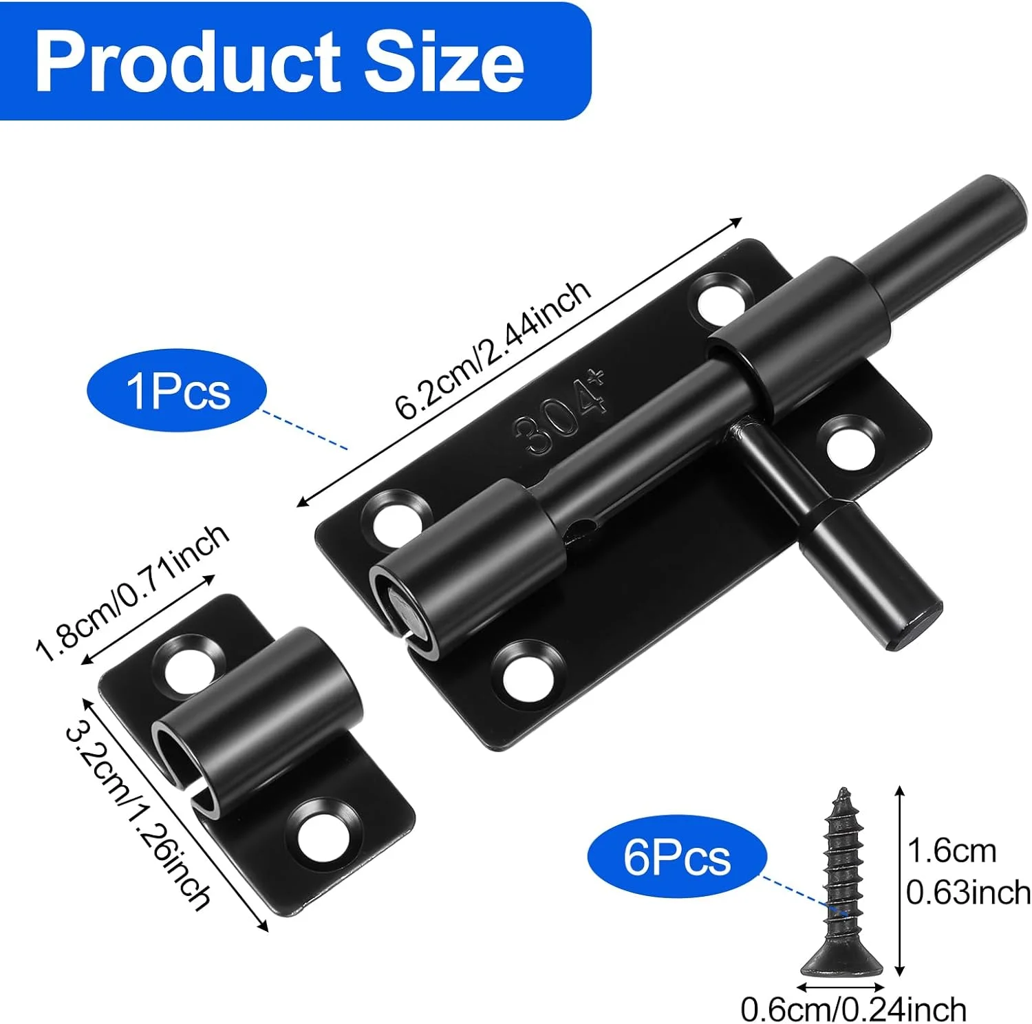 قفل زبانه ای کشویی استیل 304، قفل درب دو طرفه مشکی 3 اینچی برای درب های داخلی، سرویس بهداشتی، انبار، حصار، گاراژ، اتاق حیوانات خانگی، قفل امنیتی سنگین با سوراخ قفل