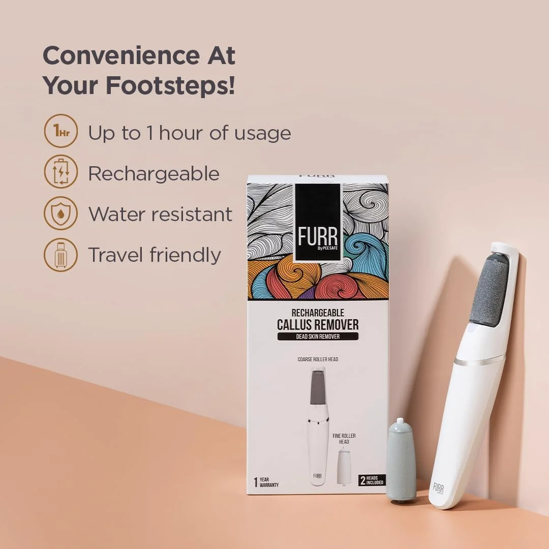 سوهان پدیکور شارژی FURR | از بین برنده پوست مرده پا | 2 حالت سرعت | 2 سری غلتکی برای لایه برداری | 1 سال گارانتی | 1 ساعت عمر باتری | مقاوم در برابر آب