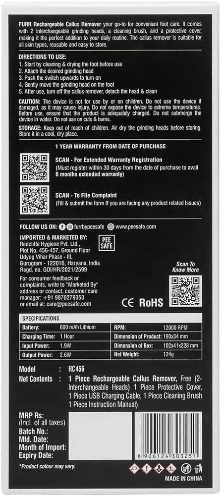 سوهان پدیکور شارژی FURR | از بین برنده پوست مرده پا | 2 حالت سرعت | 2 سری غلتکی برای لایه برداری | 1 سال گارانتی | 1 ساعت عمر باتری | مقاوم در برابر آب