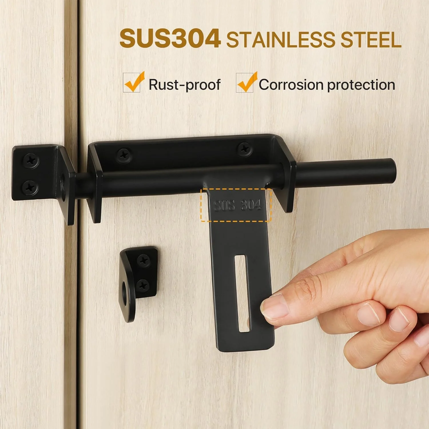 قفل درب استیل ضد زنگ سنگین برای درب های چوبی باغ، طول 160 میلی متر، قطر 13 میلی متر مشکی مات، مکانیزم قفل بادوام (قفل آویز شامل نمی شود)