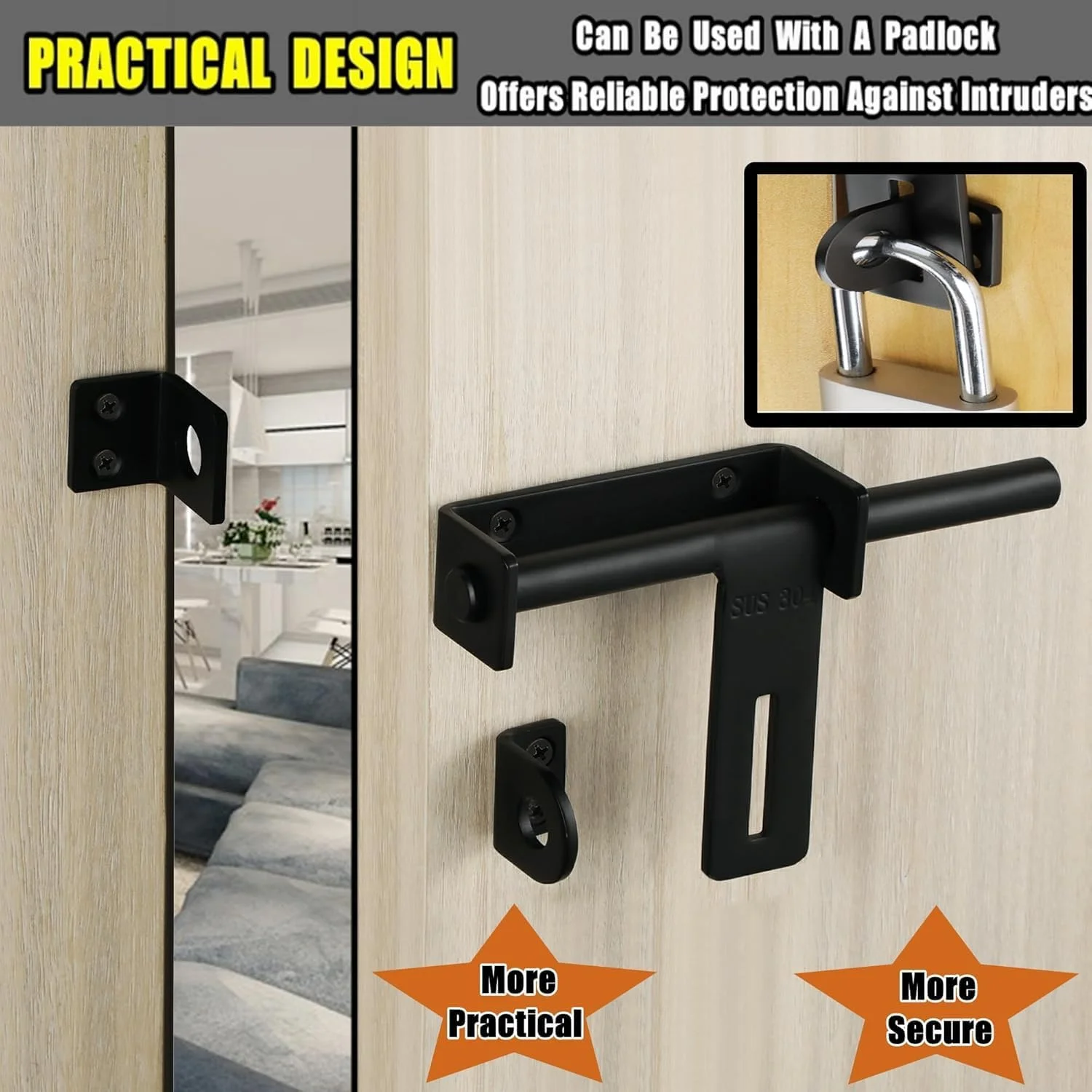 قفل درب استیل ضد زنگ سنگین برای درب های چوبی باغ، طول 160 میلی متر، قطر 13 میلی متر مشکی مات، مکانیزم قفل بادوام (قفل آویز شامل نمی شود)