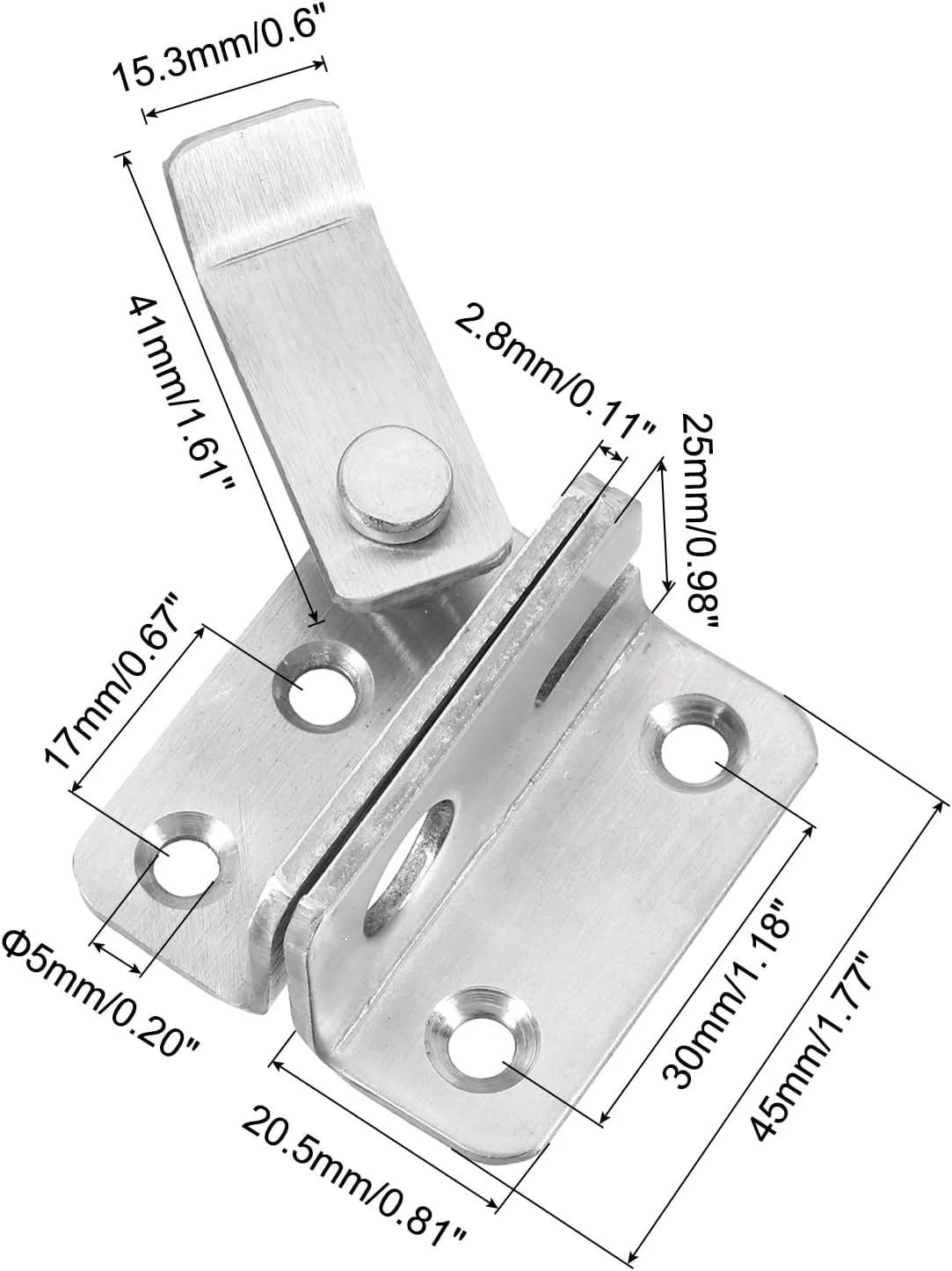 قفل زبانه ای چرخشی دروازه سورسیینگ مپ 2 عددی، قفل کشویی 45 میلی متری استیل ضد زنگ با سوراخ قفل برای انبار کابینت قفس حیوانات خانگی حصار چوبی پنجره گاراژ (باز به چپ، نقره ای)