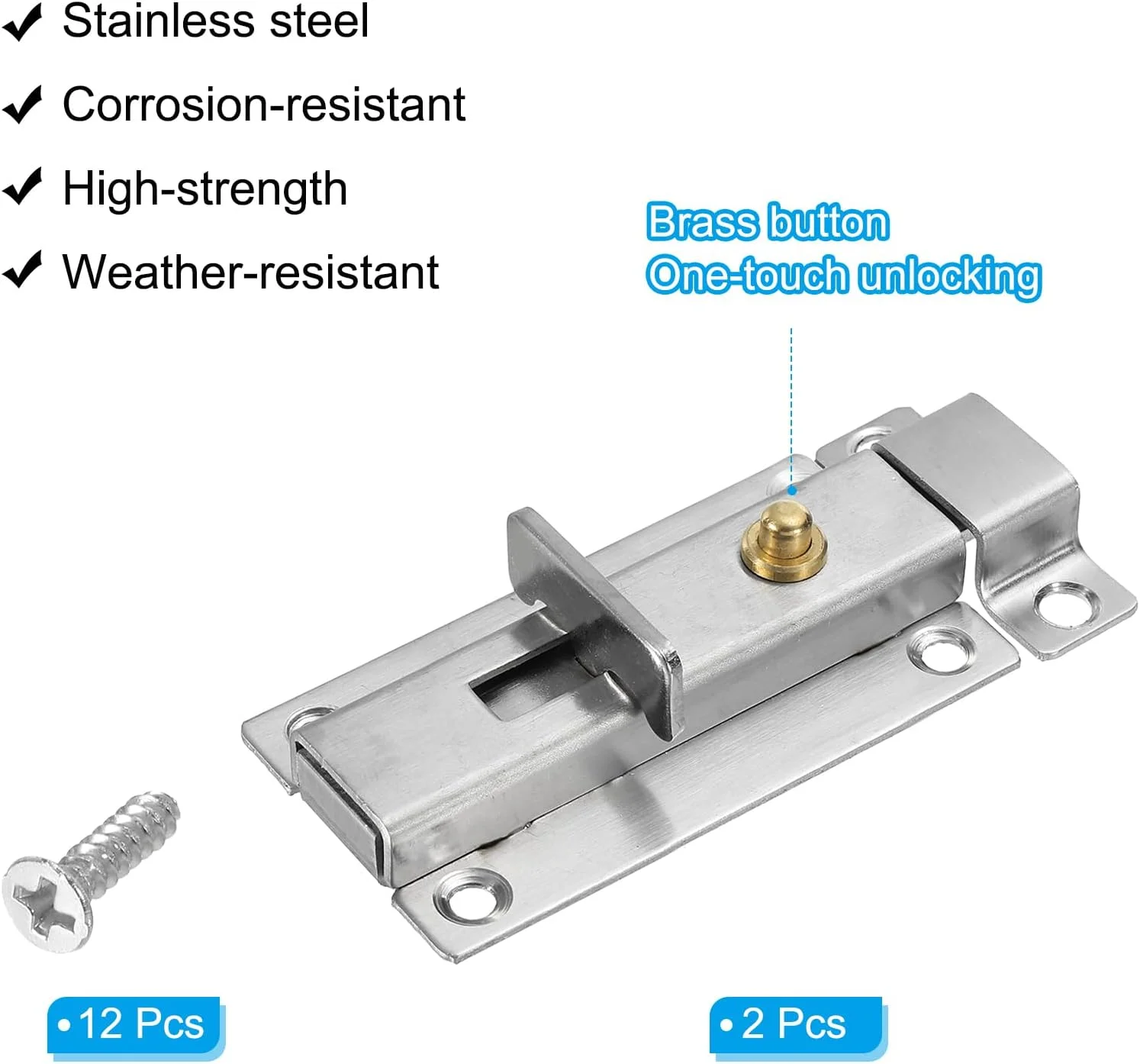زبانه قفل درب سورسیینگ مپ، 10x4 سانتی متر، فنری، نصب سطحی، قفل کشویی، زبانه استیل ضد زنگ برای درب کابینت مبلمان، حصار، بسته 2 عددی