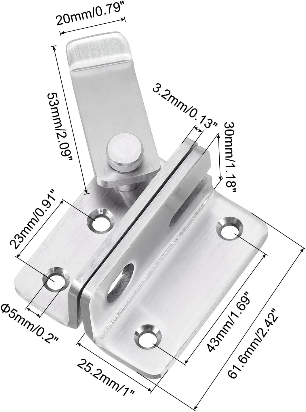 زبانه قفل چرخشی، 62 میلی متر، استیل ضد زنگ، قفل کشویی درب با سوراخ قفل آویز برای انبار، کابینت، قفس حیوانات خانگی، حصار چوبی، پنجره گاراژ (باز به چپ، نقره ای)