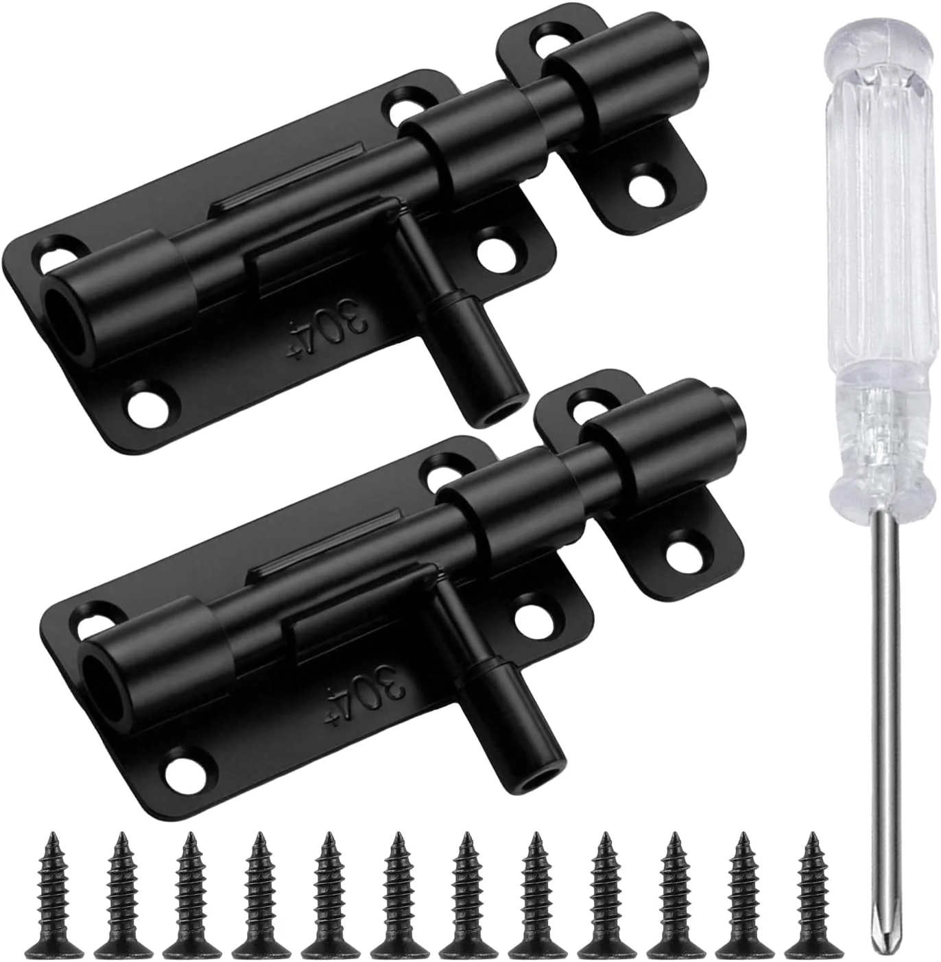 بسته 2 عددی قفل زبانه کشویی درب مشکی، قفل زبانه استیل ضد زنگ 304 برای دروازه های کشویی به همراه 12 پیچ و پیچ گوشتی برای حمام، سوله، اتاق خواب، باغ