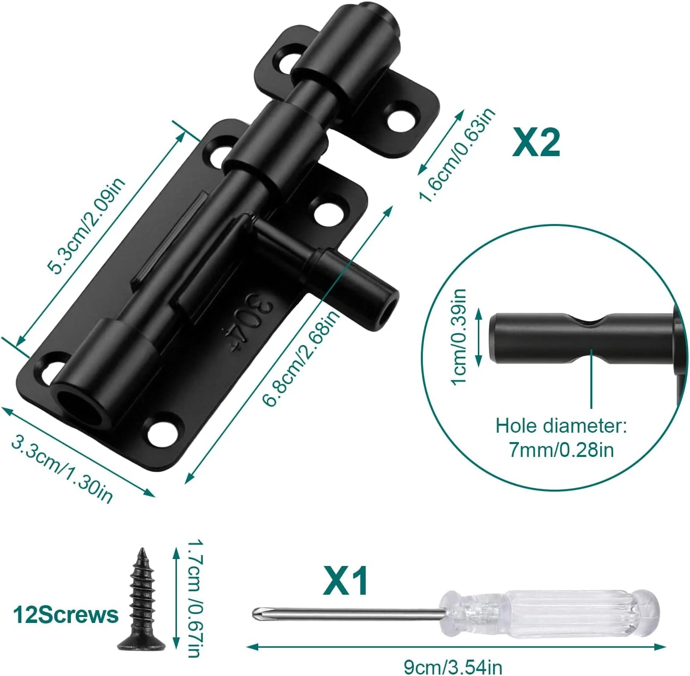 بسته 2 عددی قفل زبانه کشویی درب مشکی، قفل زبانه استیل ضد زنگ 304 برای دروازه های کشویی به همراه 12 پیچ و پیچ گوشتی برای حمام، سوله، اتاق خواب، باغ