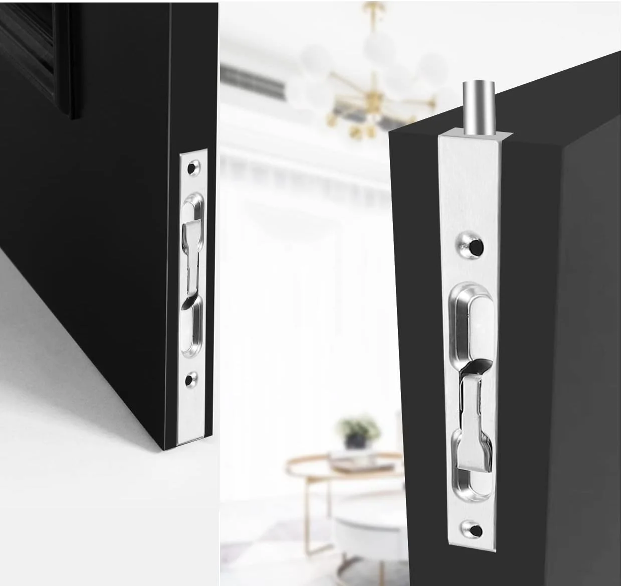 قفل زبانه ای درب 6 اینچی، قفل کشویی درب، قفل توکار برای درب دوتایی، قفل امنیتی فنری قوی، اهرم محافظ ایمنی درب، قفل زبانه استیل ضد زنگ (2 عدد)