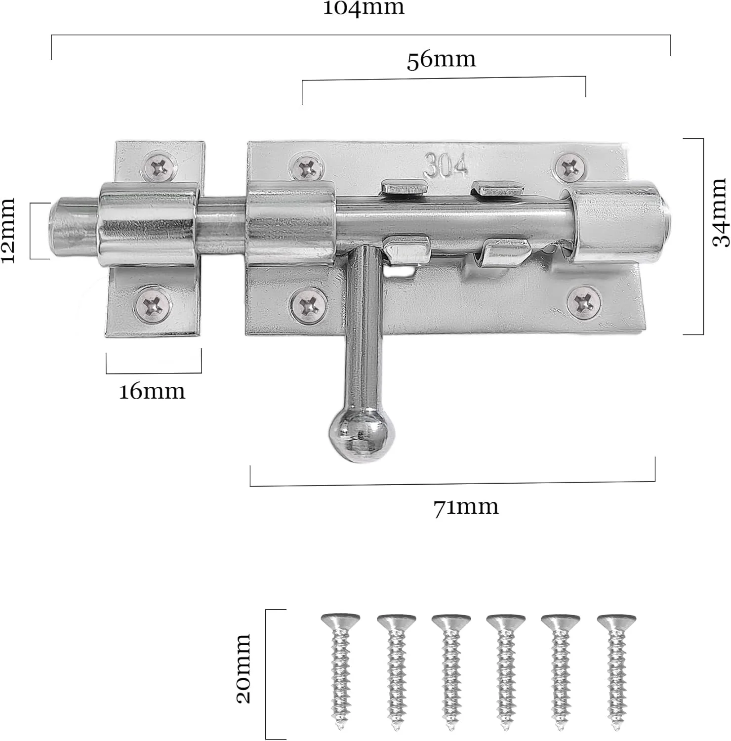 قفل کشویی درب، قفل کشویی استیل ضد زنگ 304 نقره ای، 4 اینچی