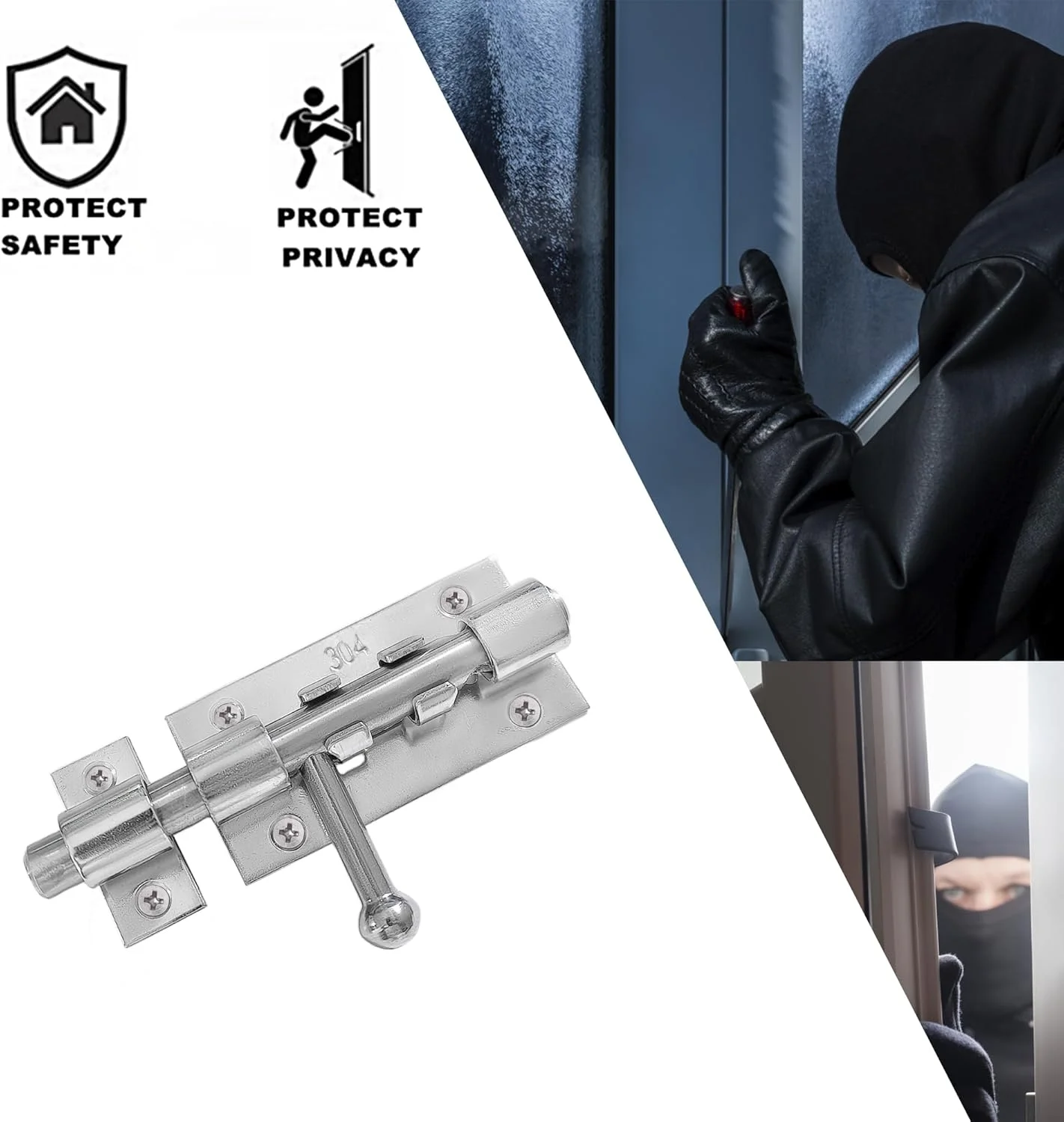 قفل کشویی درب، قفل کشویی استیل ضد زنگ 304 نقره ای، 4 اینچی