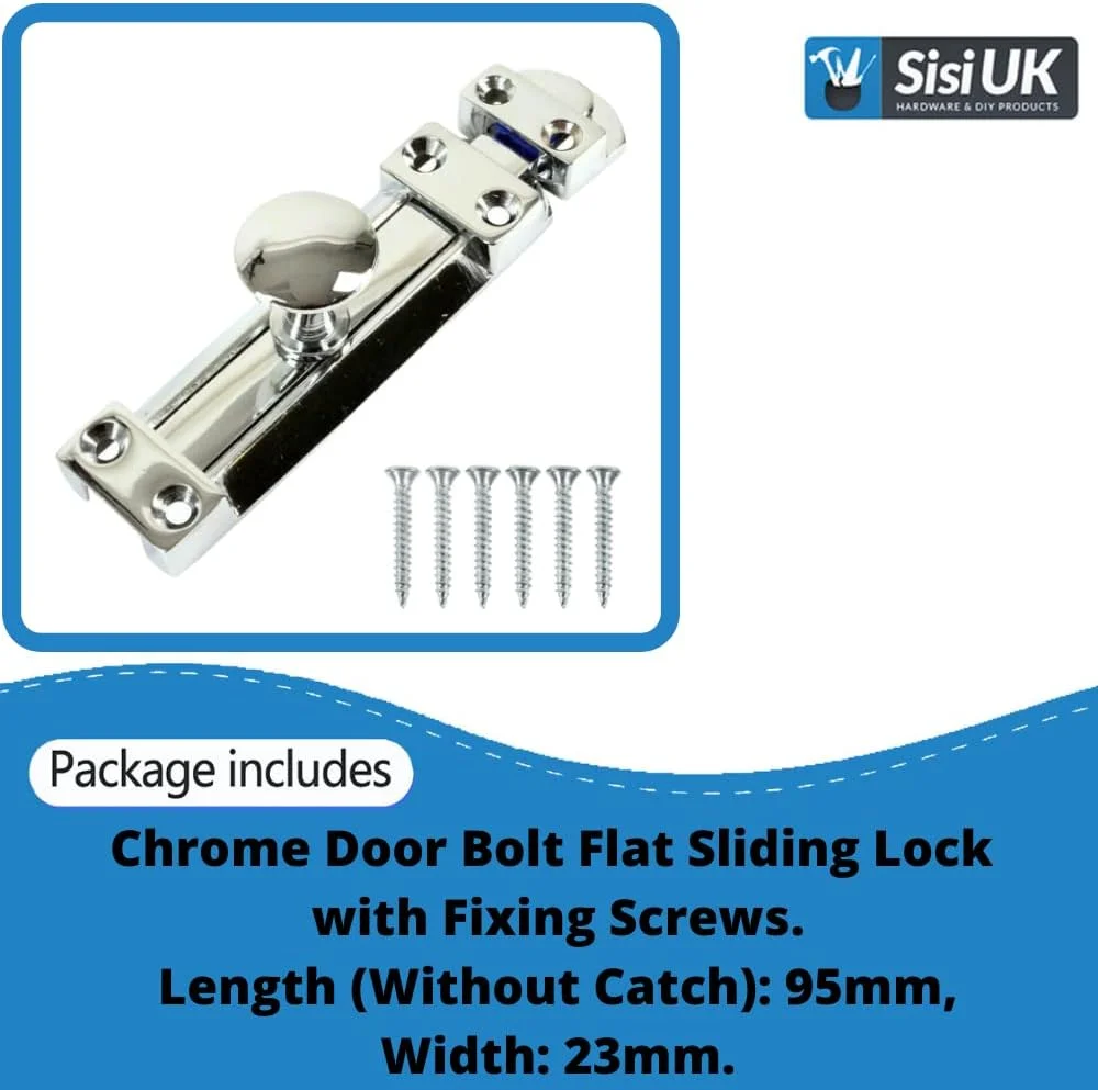 قفل زبانه ای درب کروم SISI UK، 4 اینچ، قفل تخت، قفل کشویی درب، قفل کشویی استیل ضد زنگ تخت، قفل بشکه ای ایمنی درب به همراه پیچ، 1 عدد