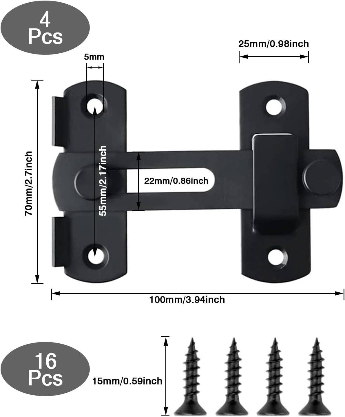 قفل درب کشویی انبار 180 درجه چرخان، بسته 4 عددی، قفل 4 اینچی استیل ضد زنگ، قفل ایمنی دروازه کوچک مشکی برای باغ و حمام