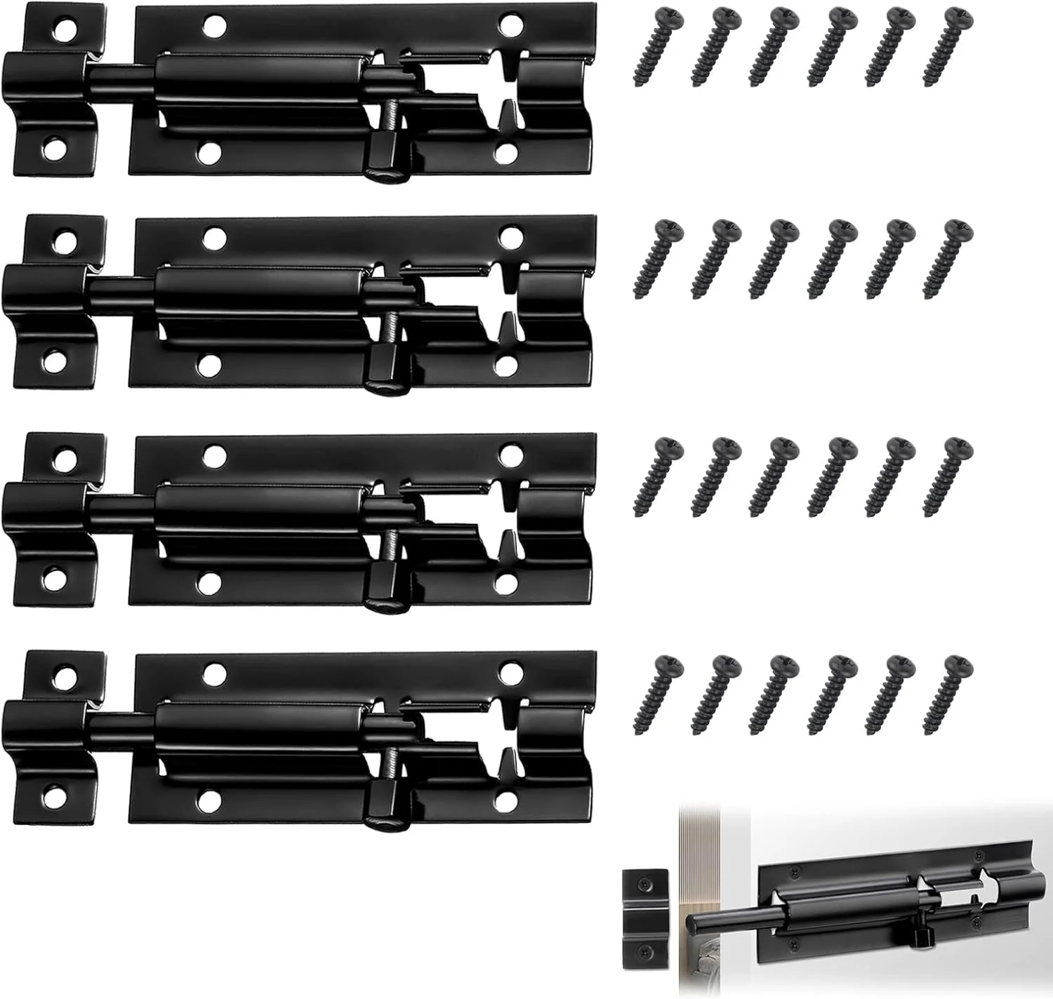 قفل درب کشویی امنیتی ساخته شده از فولاد ضد زنگ، بسته 4 عددی قفل درب کشویی به همراه 24 پیچ، قفل کشویی درب، قفل استیل ضد زنگ برای درب باغ، حمام، سوله (3 اینچ، مشکی)