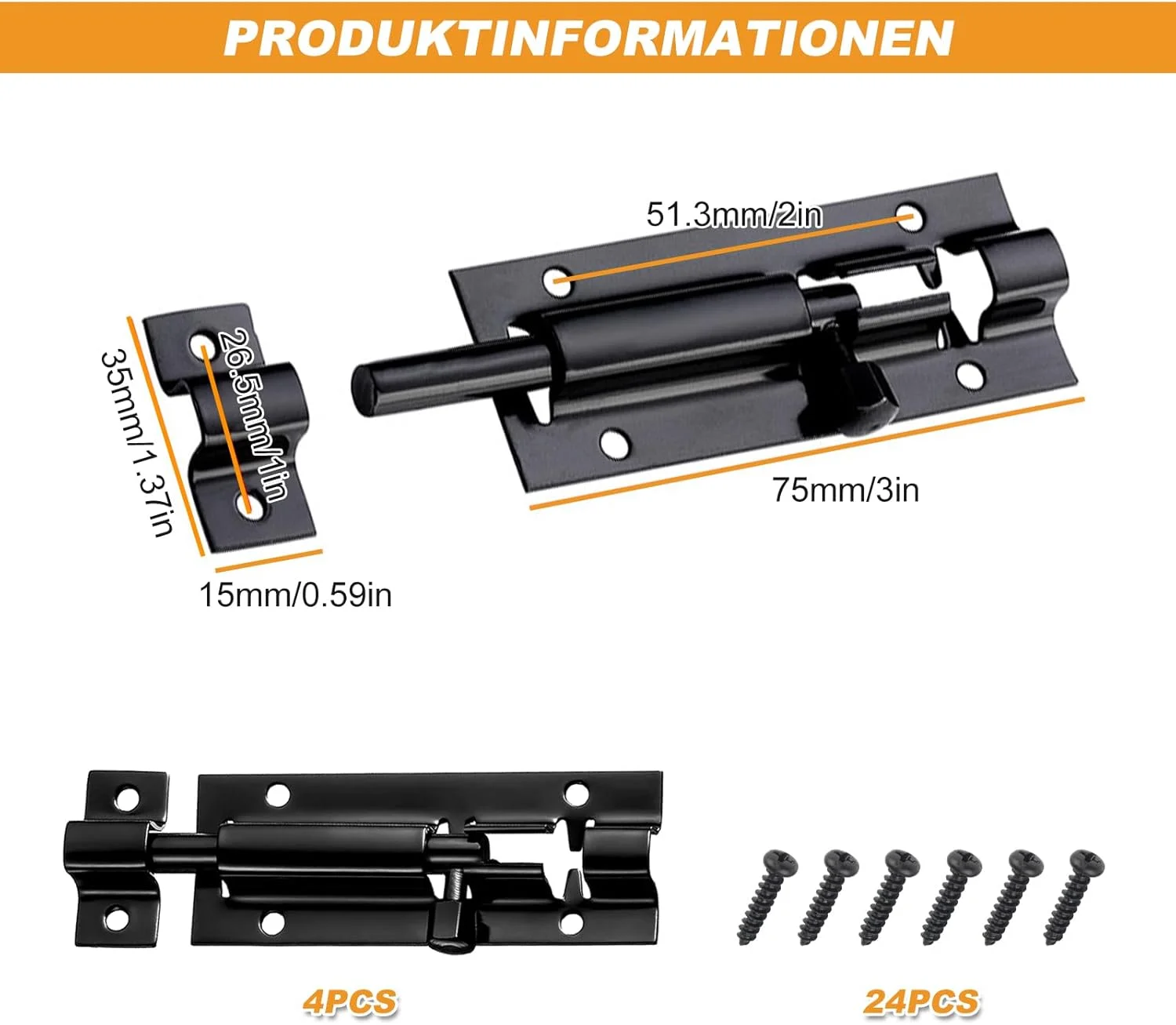 قفل درب کشویی امنیتی ساخته شده از فولاد ضد زنگ، بسته 4 عددی قفل درب کشویی به همراه 24 پیچ، قفل کشویی درب، قفل استیل ضد زنگ برای درب باغ، حمام، سوله (3 اینچ، مشکی)