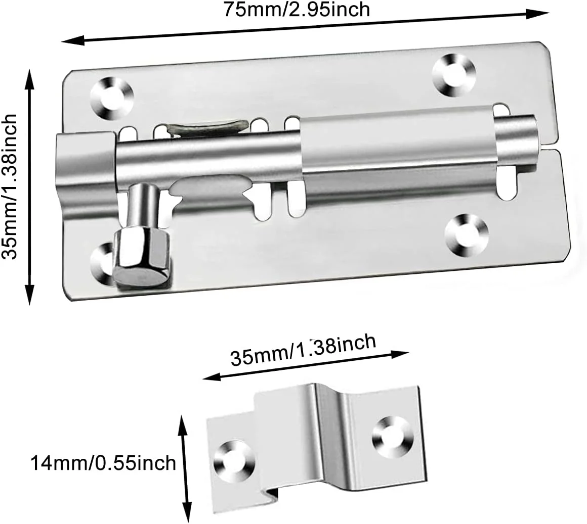 قفل درب کشویی NC، 2 عدد قفل زبانه امنیتی درب، قفل زبانه کشویی 3 اینچی با پیچ، قفل درب کشویی استیل ضد زنگ - مناسب برای حمام، توالت، سوله، دوش، اتاق خواب، باغ