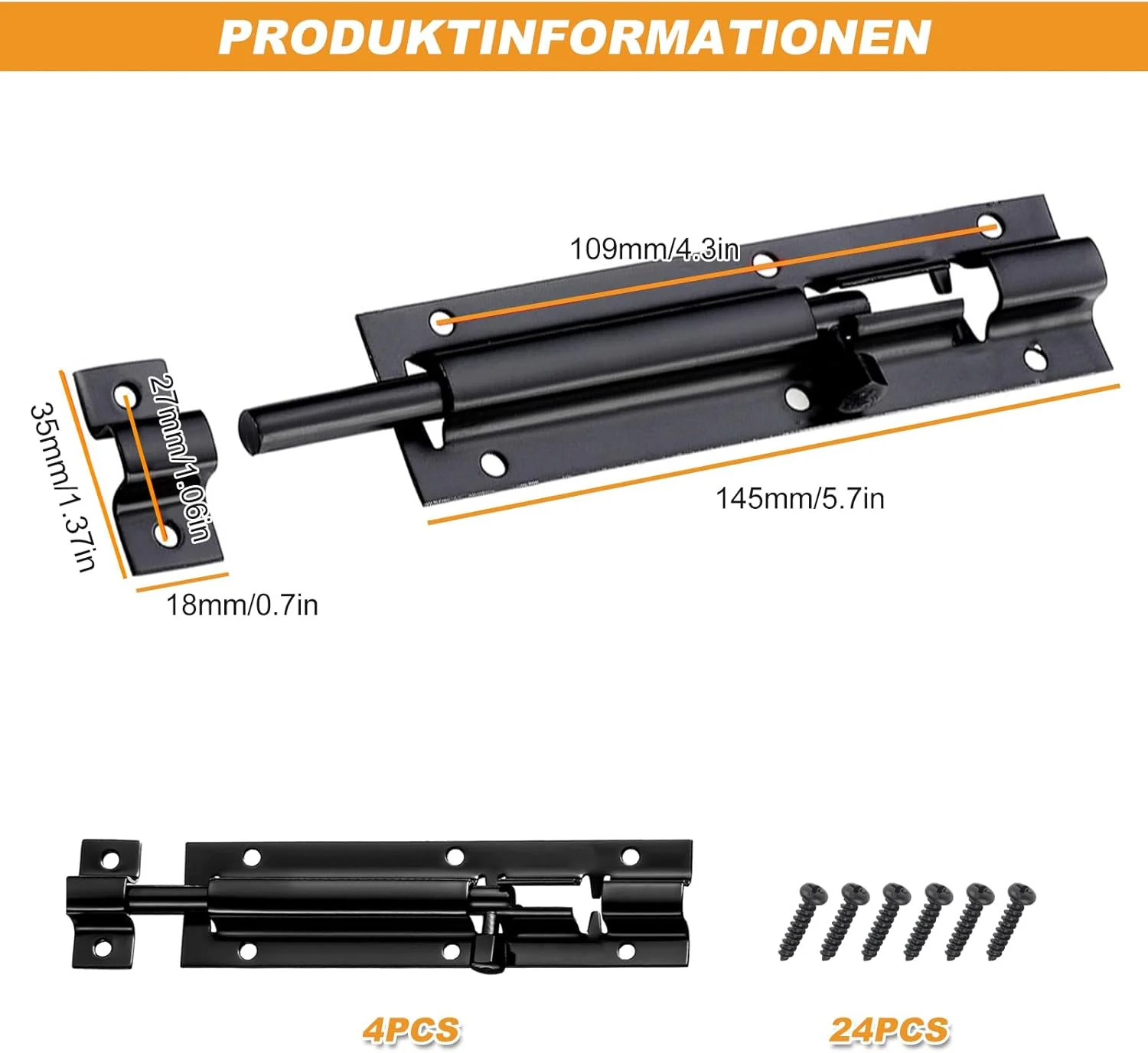 قفل درب ضد زنگ، بسته 4 عددی قفل کشویی درب با 24 پیچ، قفل کشویی درب، قفل ضد زنگ برای درب باغ، حمام، سوله (6 اینچ، مشکی)