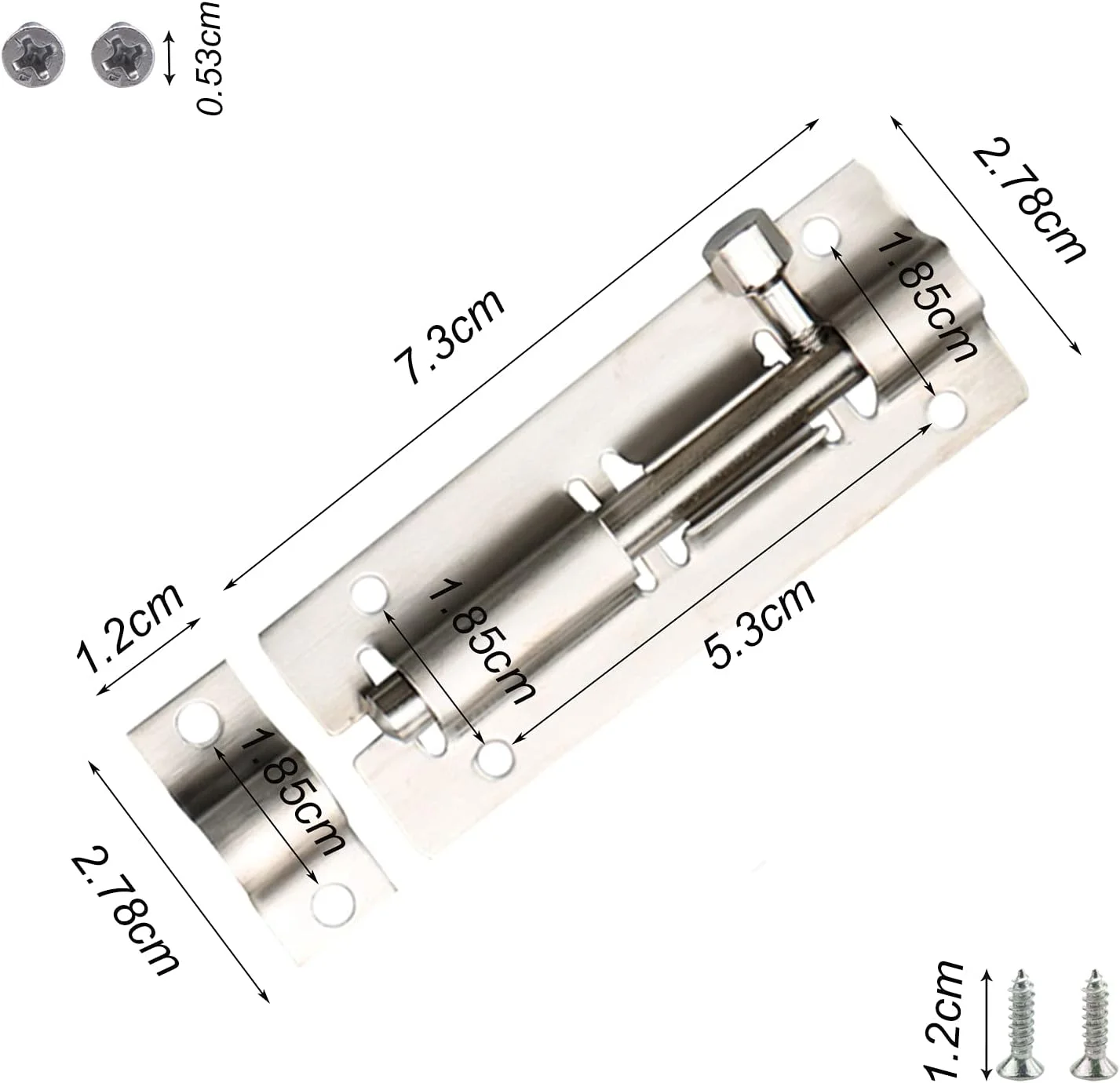 بسته 6 عددی قفل زبانه درب، قفل های کشویی امنیتی، قفل زبانه کشویی استوانه ای با پیچ، قفل های زبانه ای درب نصب شده سطحی برای حمام، توالت، سوله، دوش، اتاق خواب (3 اینچ)