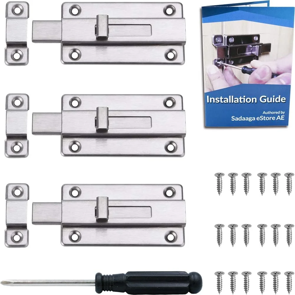 قفل زبانه درب Sadaaga، قفل درب کشویی، قفل درب استیل ضد زنگ، قفل درب کشویی برای امنیت و حریم خصوصی، قفل و بست درب به همراه پیچ ​​برای اتاق خواب، سوله، هتل، توالت، حمام (بسته 3 عددی)