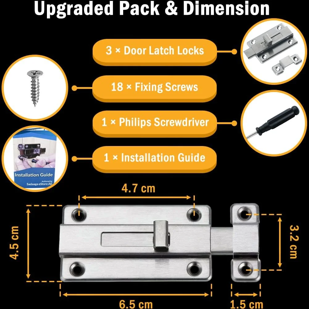 قفل زبانه درب Sadaaga، قفل درب کشویی، قفل درب استیل ضد زنگ، قفل درب کشویی برای امنیت و حریم خصوصی، قفل و بست درب به همراه پیچ ​​برای اتاق خواب، سوله، هتل، توالت، حمام (بسته 3 عددی)