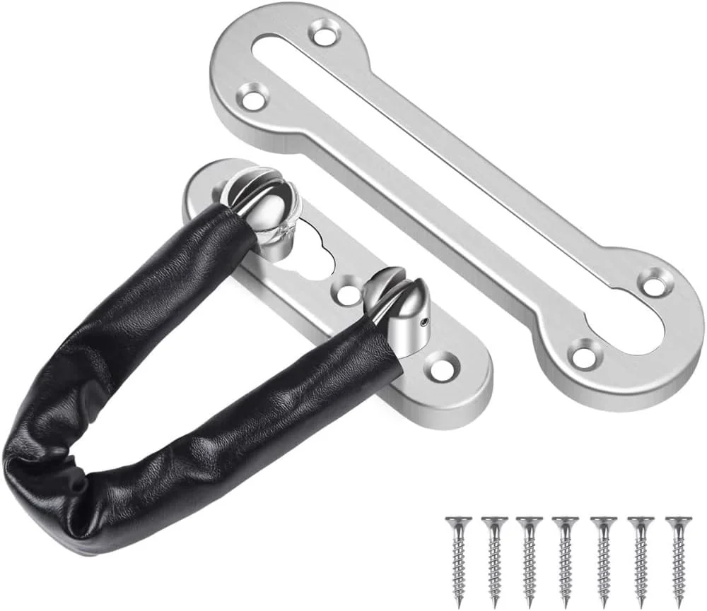 زنجیر درب Robustline - زنجیر درب کشویی فولادی، قفل دروازه، قفل ایمنی درب با زنجیر ضد سرقت و روکش چرمی | ایمن برای کودکان | ایده آل برای خانه، درب ورودی دفتر (نقره ای)