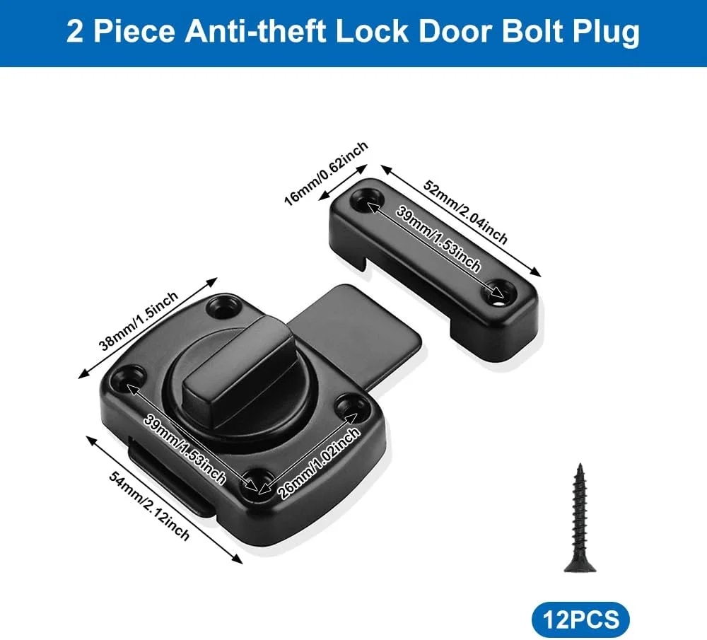 قفل زبانه ای درب Rairsky، بسته 2 عددی، ضد سرقت، مشکی، بادوام، قفل امنیتی کشویی درب، قفل چرخشی آلیاژ روی با پیچ، قفل زبانه ای برای انواع درب ها