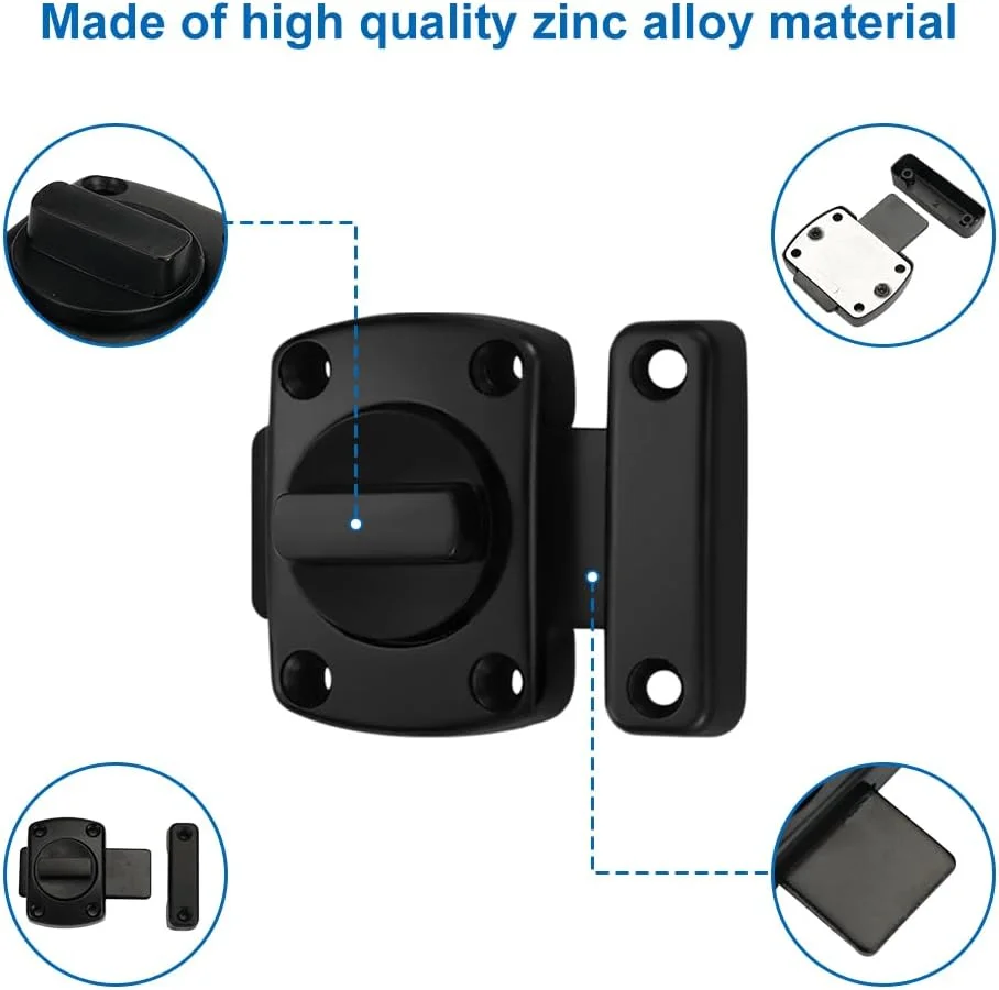 قفل زبانه ای درب Rairsky، بسته 2 عددی، ضد سرقت، مشکی، بادوام، قفل امنیتی کشویی درب، قفل چرخشی آلیاژ روی با پیچ، قفل زبانه ای برای انواع درب ها