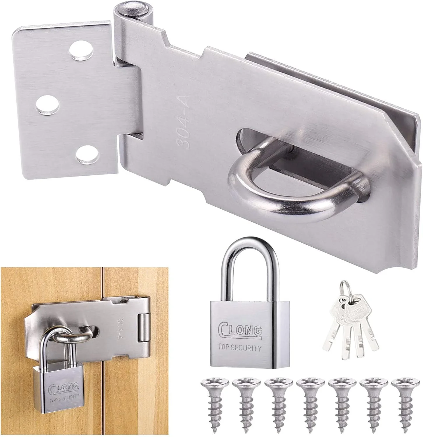 قفل سنگین با بست قفل و 4 کلید، بست قفل درب سوله، قفل بست فولاد ضد زنگ برای پنجره ها، کابینت ها، کمدها، سوله ها، درها، نقره ای برس خورده